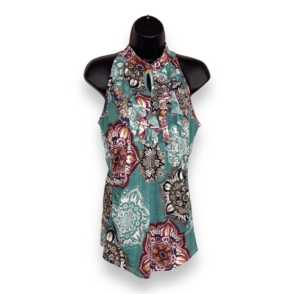 LARGE 42 POPS BLUE BOHO RUFFLE SLEEVELESS STRETCH BLOUSE TOP PAISLEY